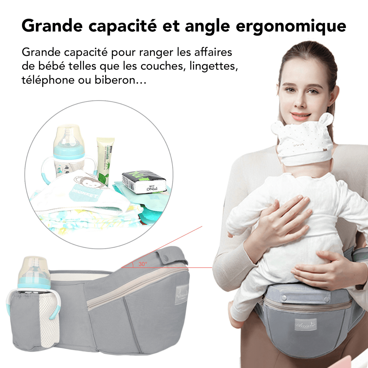 Porte bebe Evolutransport et sa grande capacité et angle ergonomique